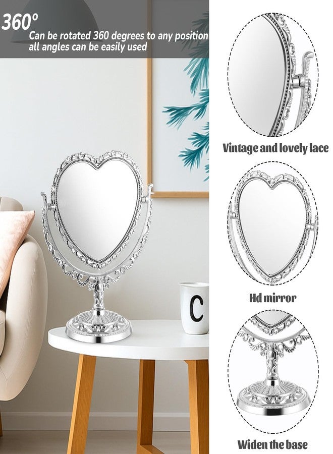 Jetec Heart Shaped Mirror Desktop Makeup Retro 360 Degree Rotation Standing Cosmetic for Dresser Room Decor Vintage Makeup Cosmetic Mirror(Silver) - Image 4